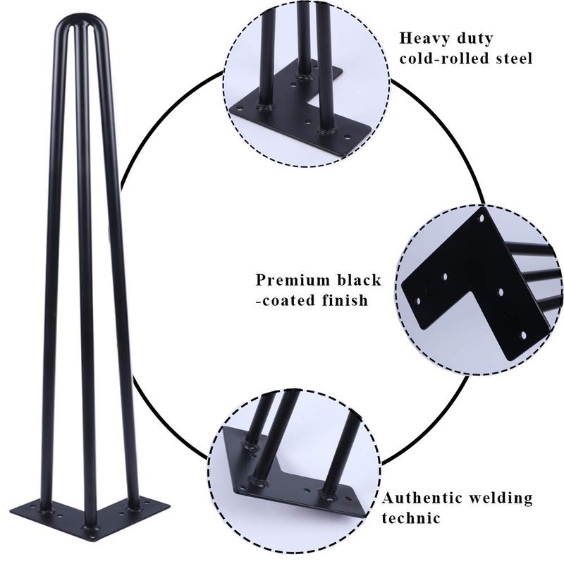 Osring 16 Inch Hairpin Table Legs with 1/2â€ Dia 3-Rods, Metal Furniture Legs for Coffee Table and TV Stand, Mid-Century Black Hairpin Feet with Floor Protector, 4 Pack - Image 3